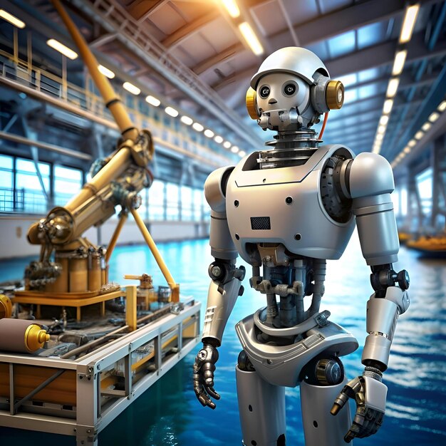 A futuristic robot stands in a shipyard ready for work