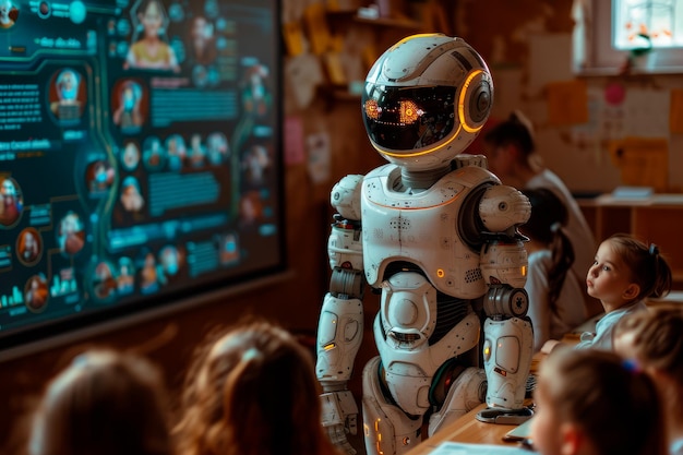 Futuristic robot teacher standing up in front of children in a school classroom