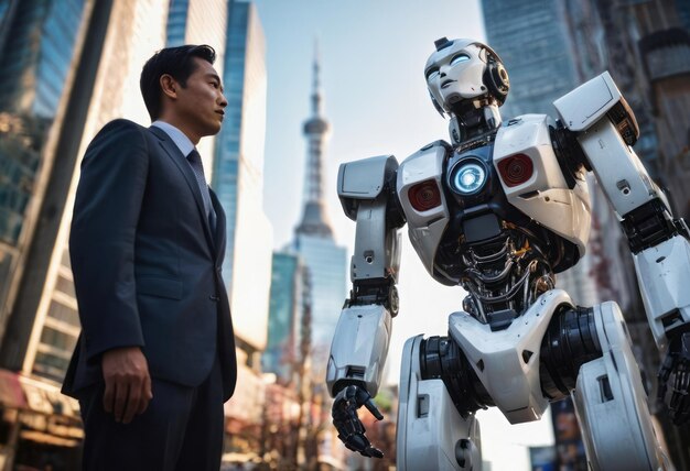 A futuristic robot walks alongside a businessman in a city the scene combines modern technology with