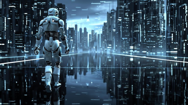 A futuristic robot walks through a glowing city at night