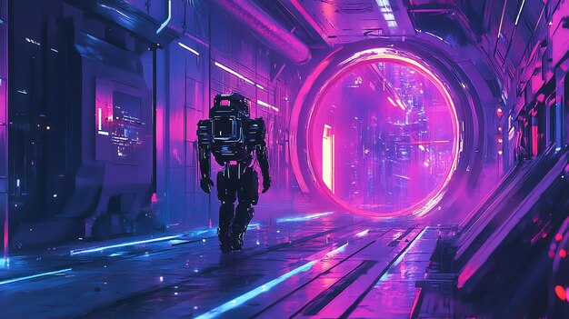 Photo a futuristic robot walks towards a glowing portal in a neonlit hallway