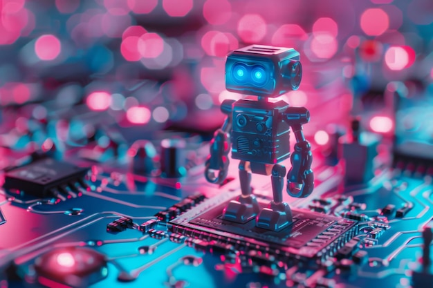 A futuristic robot with bright blue eyes stands on a microchip set against a background of colorful blurred neon lights giving a cyberpunk vibe