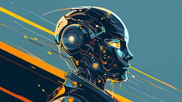 A futuristic robot with glowing eyes set against a backdrop of colorful lines