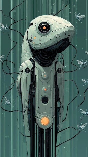 Futuristic Robot with Glowing Eyes and Wires