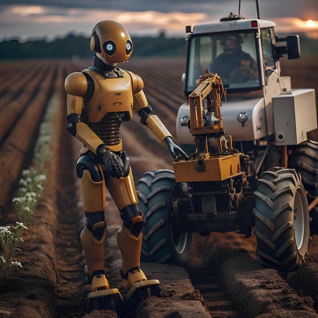 A futuristic robot worker wearing a yellow suit operates a powerful agricultural machine