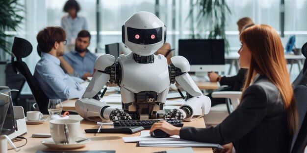 Futuristic robot working alongside humans in office aig