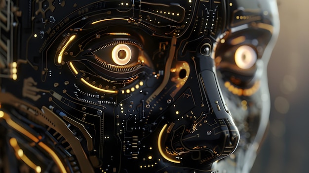 Futuristic robotic ai face with glowing eyes representing advanced technology and innovation in