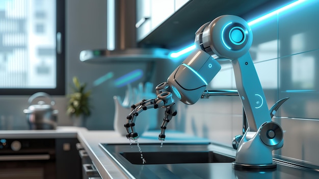 Futuristic robotic arm turning on kitchen faucet with water droplets