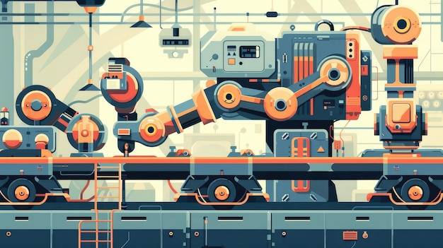 Futuristic Robotic Assembly Line in Factory