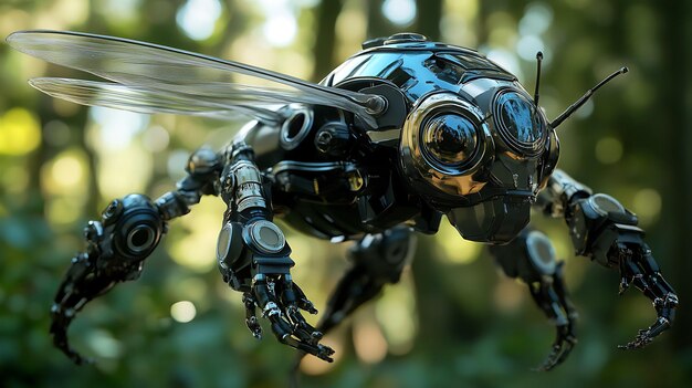 Photo futuristic robotic bee with transparent wings flying in a green forest