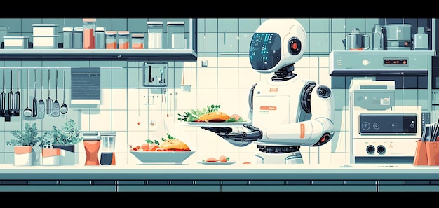 Photo a futuristic robotic chef skillfully prepares an exquisite gourmet meal in a modern kitchen studio