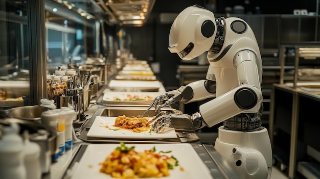 Photo futuristic robotic chefs preparing gourmet meals autonomously robots assembling complex dishes in a hightech kitchen