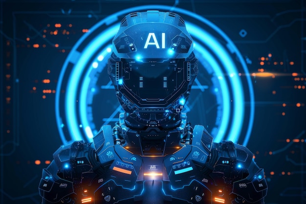 Futuristic robotic figure with a glowing AI logo symbolizing the advancements and potential of art