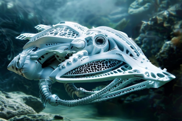 Futuristic robotic fish with intricate design swimming underwater showcasing advanced AI technology and engineering marvels