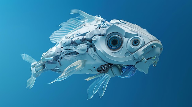 A futuristic robotic fish with intricate details against a blue background