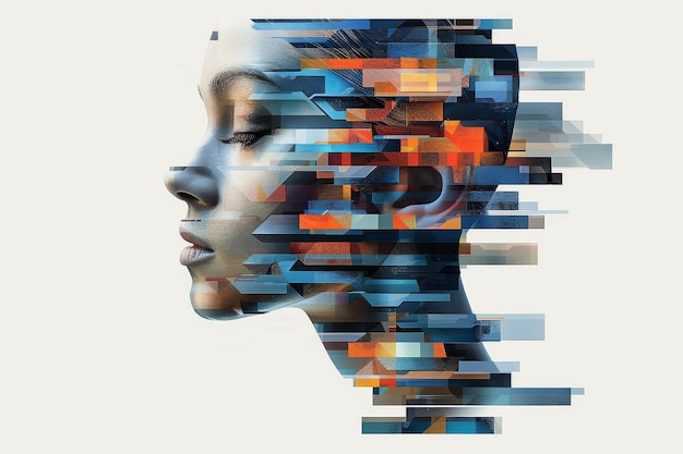 Futuristic Robotic Head with Abstract Geometric Shapes and Vibrant Colors in Digital Art