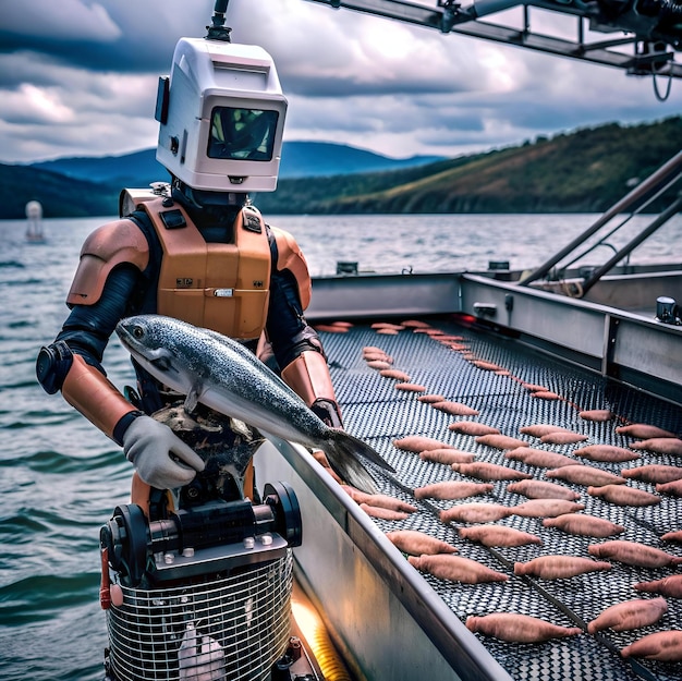 Photo a futuristic robotic worker holds a fresh catch of fish on a boat showcasing the automation of modern aquaculture