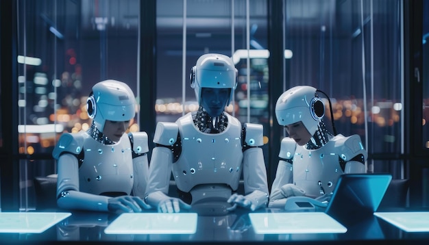 Futuristic robots are analyzing data on digital screens in a hightech control room aig