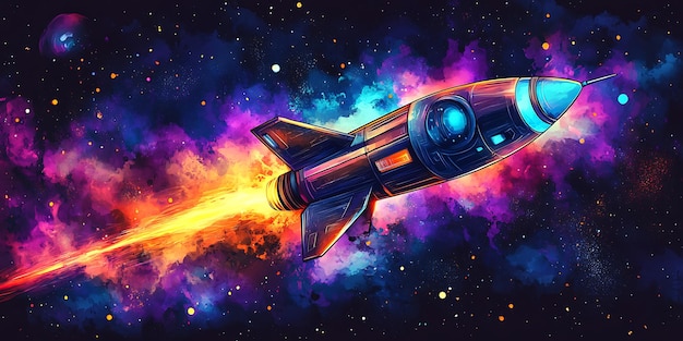 Futuristic Rocket Ship Blazing Through a Galaxy of Stars and Nebulae