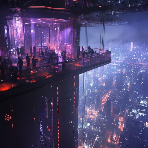 Photo a futuristic rooftop bar with a view of a sprawling cityscape at night people gather around the bar enjoying drinks and the view