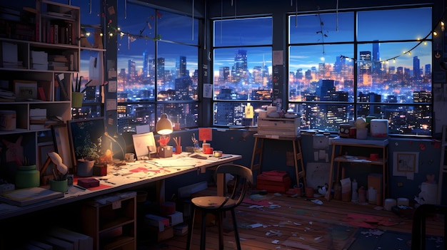 futuristic room in cyberpunk dystopian New York illustration illustration for wallpaper