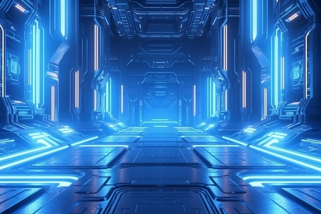 A futuristic room with blue lights and a blue background.