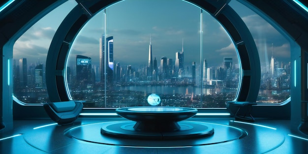 Futuristic room with city view