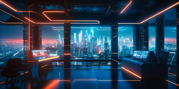 A futuristic room with glowing lights and an image of a city