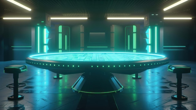 Photo a futuristic room with neon lights and a large table in the center