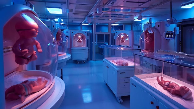 Photo a futuristic room with several glass pods holding baby dolls