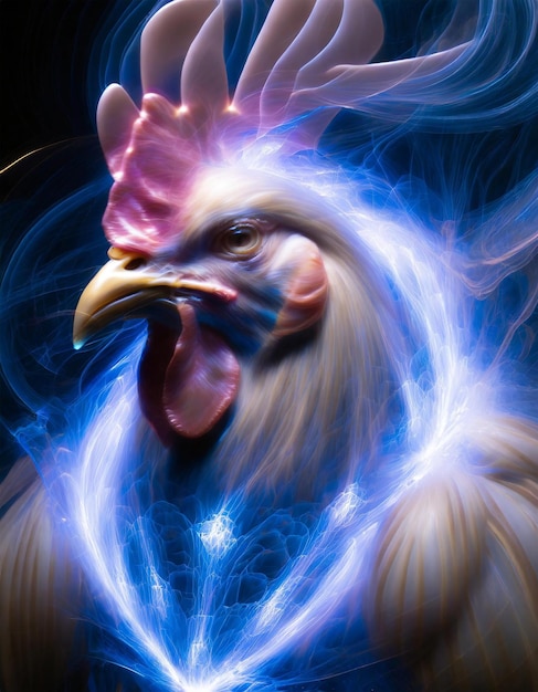 a futuristic rooster glowing and colorful