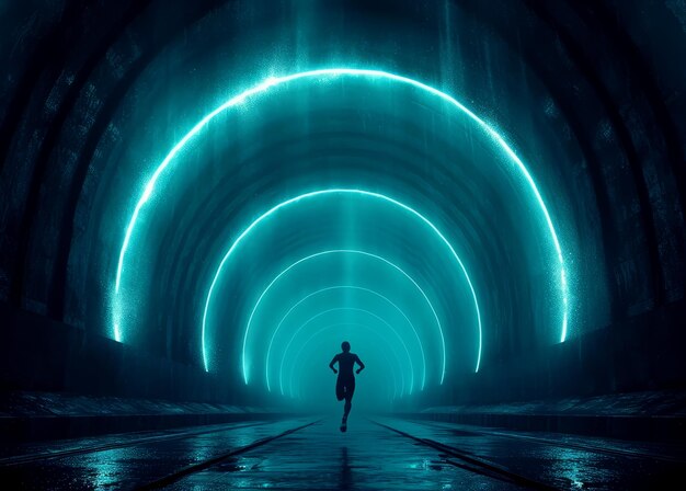 Futuristic runner runs through dark tunnel towards the light