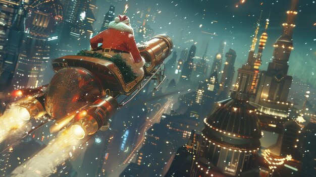 Photo futuristic santa claus flying over a neon city during christmas night