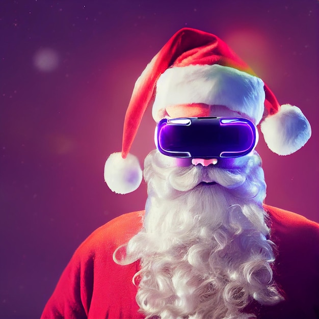 Futuristic Santa Claus wearing virtual reality VR headset 3d rendering