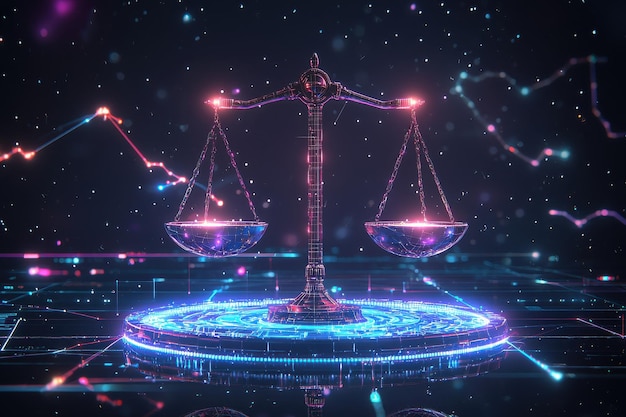 Futuristic scales of justice in cosmic space with glowing lines and stars