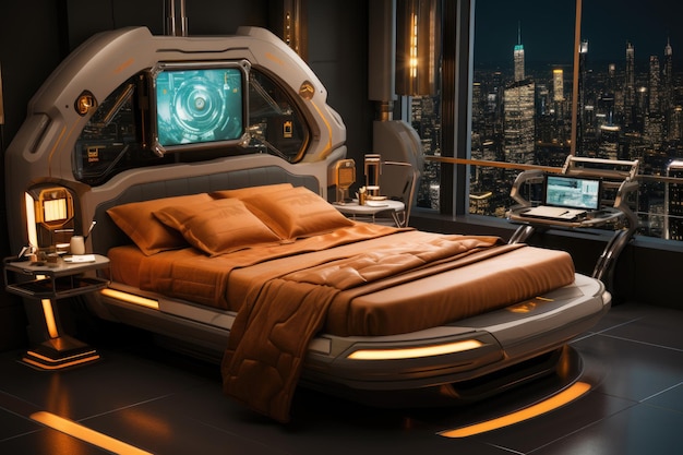 Futuristic Scenario Technological room with smart devices and voice lighting generative IA