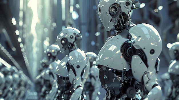 Futuristic scene of advanced robots in a factory setting showcasing cuttingedge technology and artificial intelligence