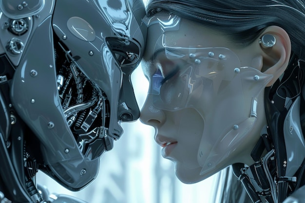 Photo a futuristic scene depicting an intimate moment between a humanoid robot and a human showcasing advancements in technology and emotion