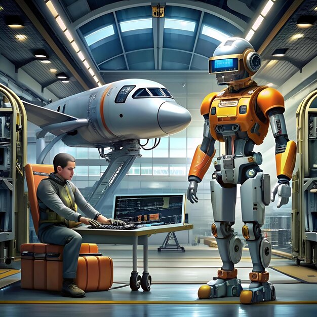 Photo a futuristic scene depicting a robotic technician working on a futuristic aircraft in a hangar