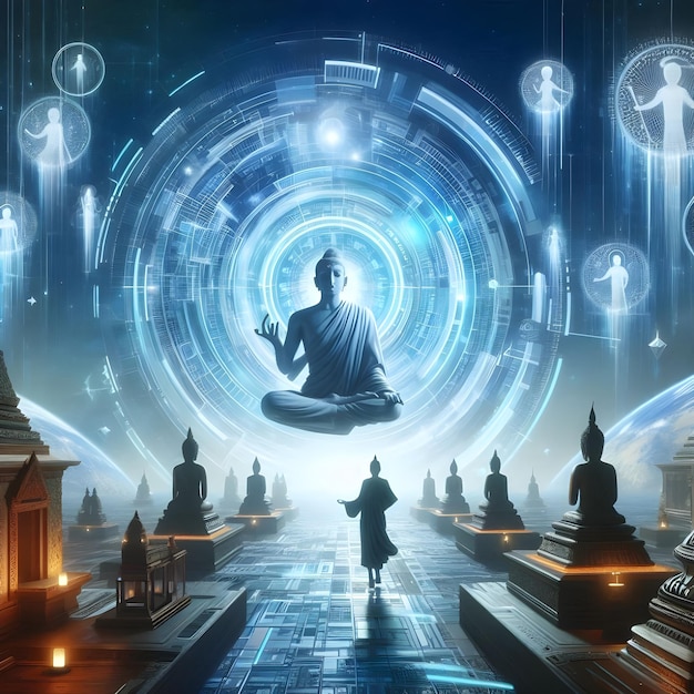 Photo a futuristic scene symbolizing the future of spirituality in the digital age