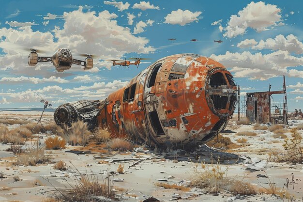 Futuristic scene with drones flying over a rusted abandoned spaceship on a barren desert landscape under a bright blue sky with clouds