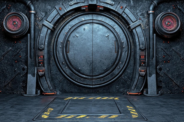 Photo futuristic sci fi airlock door with warning signs in a dark high tech environment