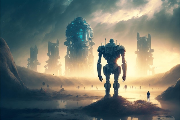 futuristic sci fi art of a man standing on a rock in front of a city generative ai