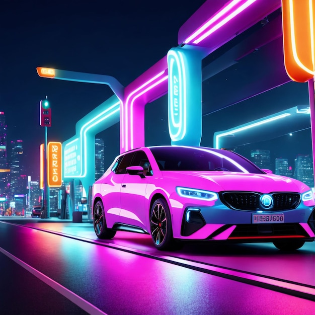 Futuristic sci fi car in the city night with neon light generative art by AI