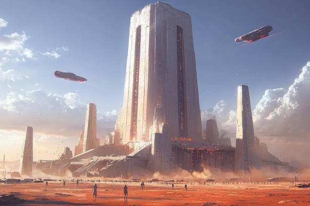 Photo futuristic sci fi city landscape with towering skyscrapers and hovering aircrafts