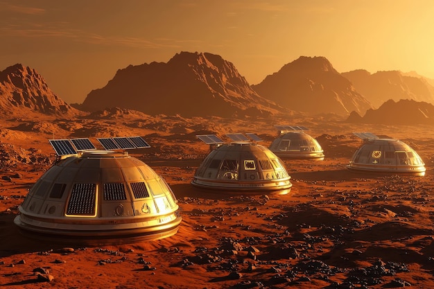 Photo futuristic sci fi colony on alien planet with dome habitats under orange sky