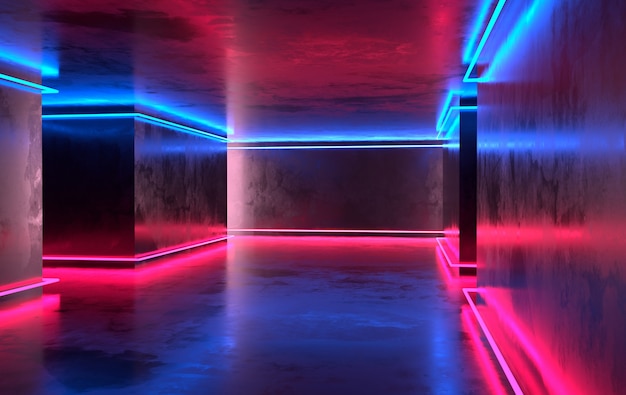 Futuristic sci-fi concrete room with glowing neon.