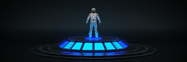 Futuristic Sci Fi Modern Empty Big Hall Dark, Alien Garage Sci Fi. Astronaut spacesuit. 3d rendering