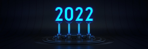 Futuristic Sci Fi Modern Empty Big Hall Dark, Alien Garage Sci Fi . Light 2022 letter sign, New Year