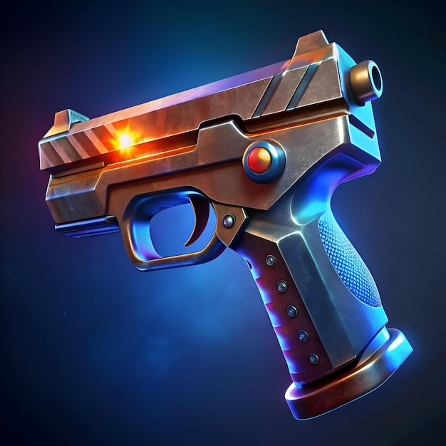 Futuristic sci fi pistol rendered in 3D featuring a metallic design with glowing accents